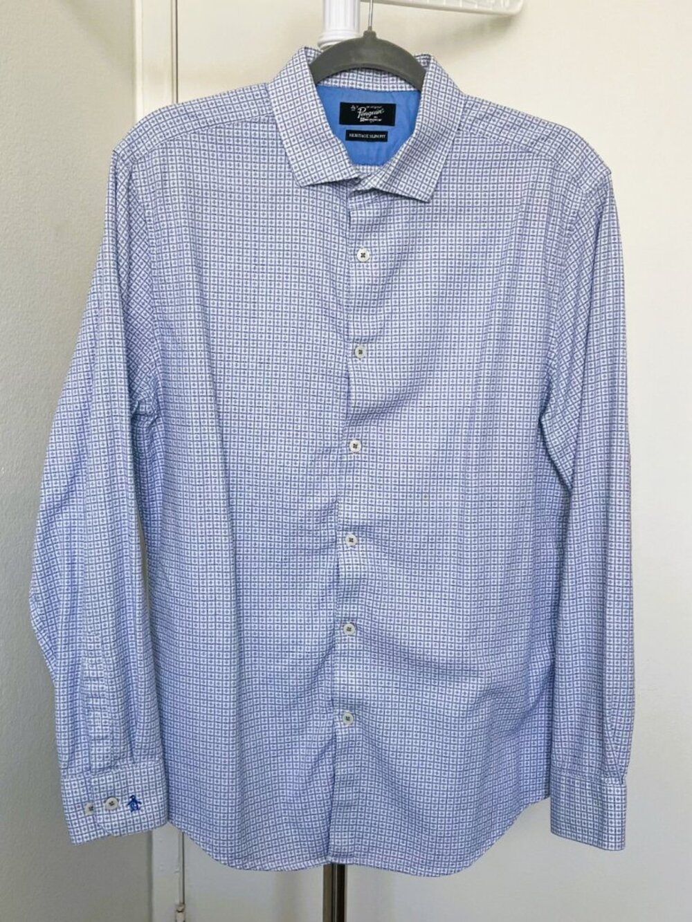 Original Penguin Shirt Mens 16 34/35 Heritage Slim Fit Blue Textured Cotton